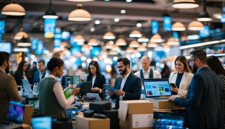 A bustling online marketplace in 2025, featuring a variety of high-demand products being sold by eager entrepreneurs