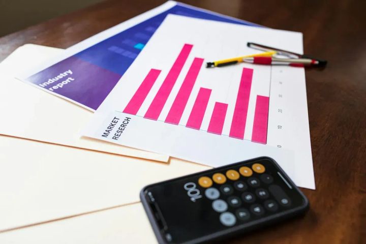 Illustrative market research chart and calculator on wooden desk for business analysis