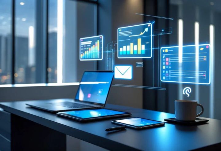 A high-tech desk setting with tools in place, while digital holograms hover above showing charts, email previews, and social media grids