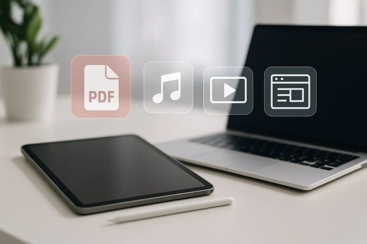 A minimalist workspace setup with a digital tablet, open laptop, and stylized overlays of digital product icons