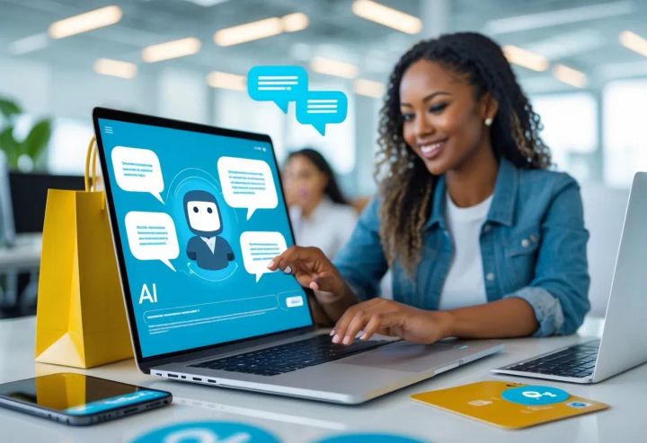 A person using a laptop with a chatbot interface surrounded by ecommerce items