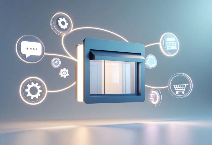 A sleek digital storefront floats in the center while translucent AI tool icons orbit around it.