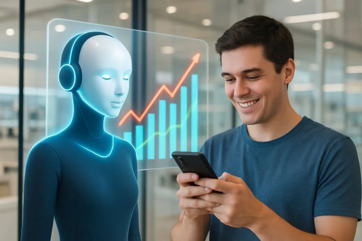 A virtual assistant chatbot in a sleek digital storefront, helping an online shopper on a phone while a sales graph rises behind them
