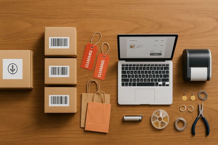 Overhead view of a table split into five sections, each with objects representing a different Amazon selling method: private label, wholesale, arbitrage, dropshipping, and handmade.