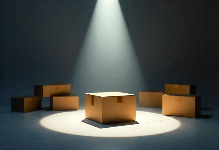 Single product box under a spotlight on a minimalist stage, with other boxes in shadow—symbolizing the Buy Box winner among competitors.