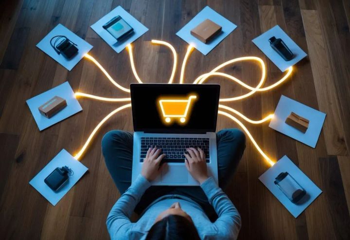 Overhead view of a person using a laptop on a wooden floor, surrounded by product images connected with light trails to a glowing Amazon cart icon on the screen.