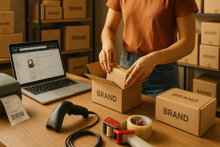 Person packing products into branded boxes at a tidy workspace with an Amazon storefront open on a nearby laptop, surrounded by shipping tools and inventory shelves.