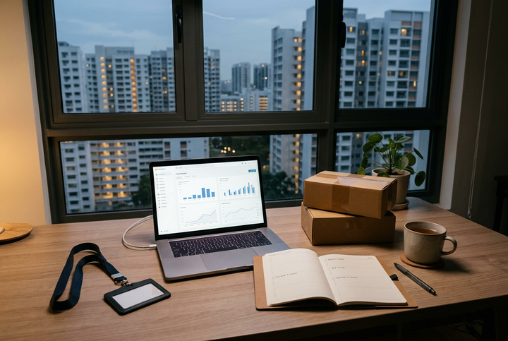 Home desk at dusk with a laptop showing sales charts, an open planner, two cardboard shipping boxes, a cup of tea and a work lanyard, with high-rise residential blocks outside the window