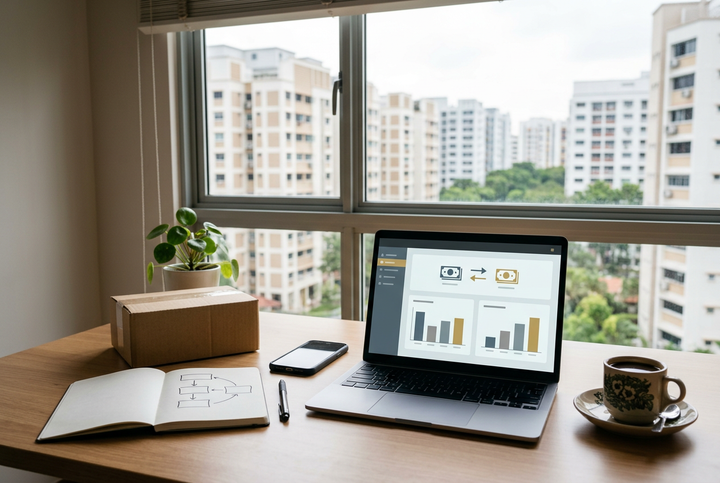 Home desk by a window with high-rise blocks: a laptop showing bar charts and arrows between two money icons, a notebook flow diagram, a phone, a shipping box and a cup of coffee