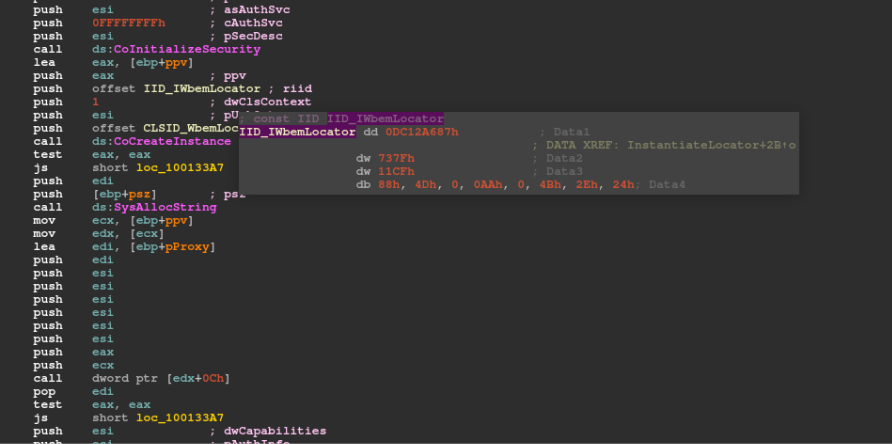 Figure 8
Figure 8. Qakbot DLL analysis in IDA Pro showing CoInitializeSecurity, IID_IWbemLocator and CLSID_WbemLocator around the CoCreateInstance call.