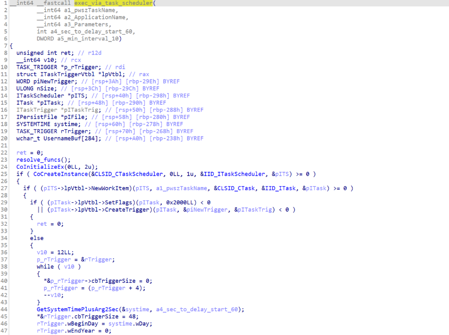 Figure 16
Figure 16. WarmCookie Task Scheduler COM persistence routine showing COM initialization, CoCreateInstance with the older Task Scheduler 1.0 CLSID_CTaskScheduler and IID_ITaskScheduler values, and follow-on task and trigger creation. Source: Cisco Talos.