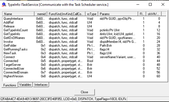 Figure 4
Figure 4. ComView showing a COM interface and method layout. This type of view helps analysts map vtable offsets to method names as offsets are clearly visible in a specific column.