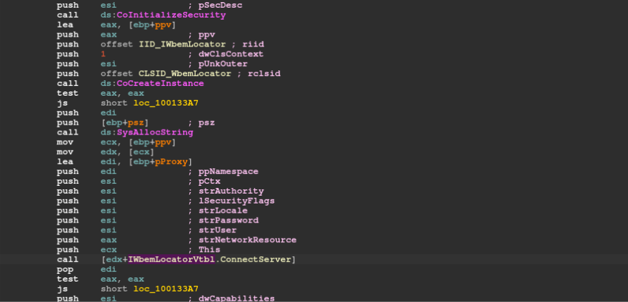 Figure 10
Figure 10. Once the vtable type is applied, the Qakbot sample resolves to a named IWbemLocatorVtbl.ConnectServer call, making the WMI connection logic explicit.
