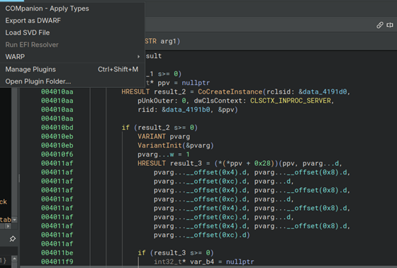 Figure 11
Figure 11. Binary Ninja view of COM-related types and vtable usage.