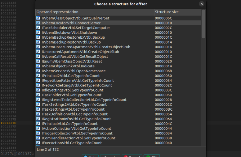 Figure 9
Figure 9. IDA Pro COM type selection showing IWbemLocatorVtbl.ConnectServer as the function actually used in the indirect call.