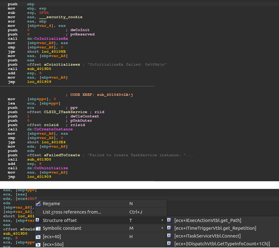 Figure 7
Figure 7. IDA Pro analysis of a Task Scheduler COM example. Reconstructing the vtable lets the analyst map indirect calls to method names.
