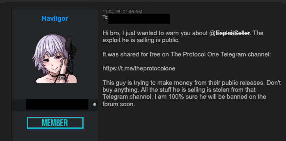 A screenshot of a private message on a dark web forum linking to the Telegram channel operated by the scammers (Source : Cisco Talos).