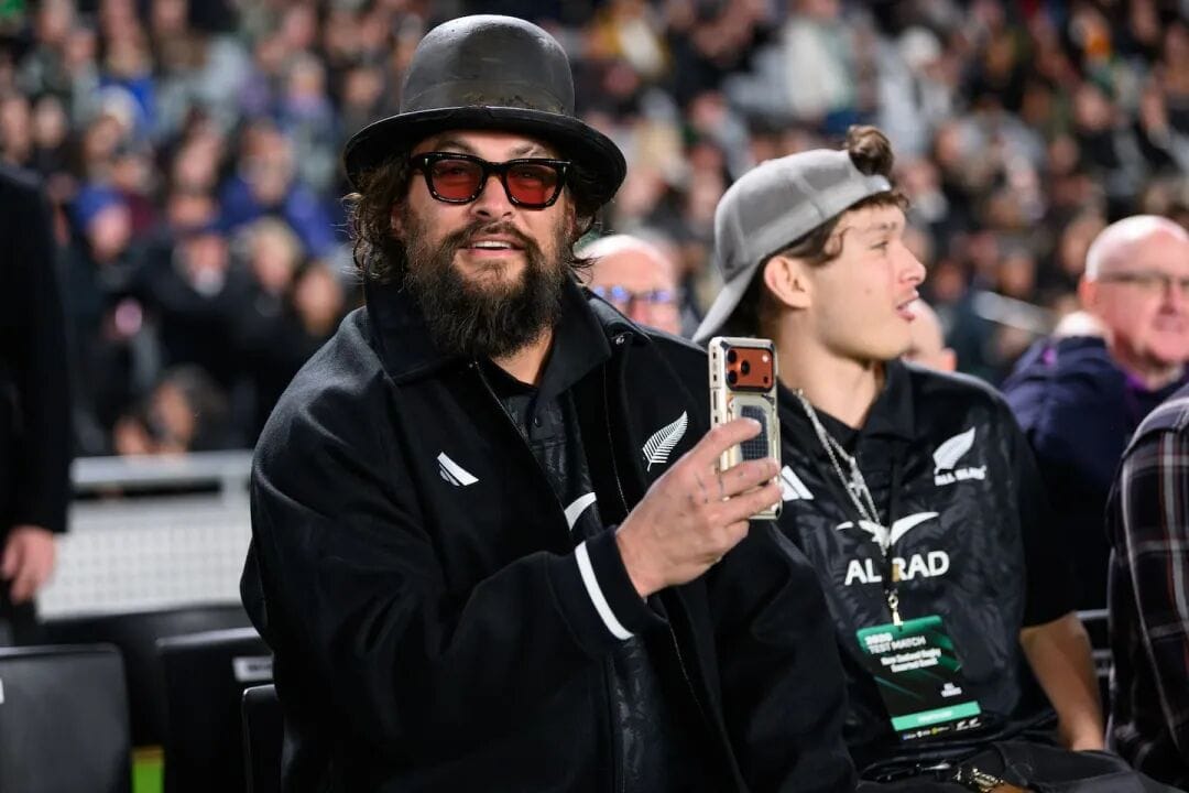 Momoa at Eden Park this year. He has said New Zealand feels like home to him creatively, culturally and spiritually. Photo / Getty Images