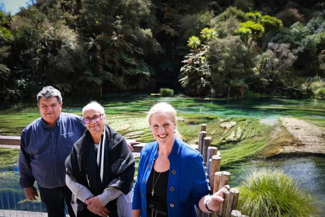Celebrating a $675,000 government funding announcement at Te Waihou Walkway recently were, from left, South Waikato mayor Gary Petley, Raukawa representative Kataraina Hodge, and Tourism and Hospitality Minister Louise Upston.