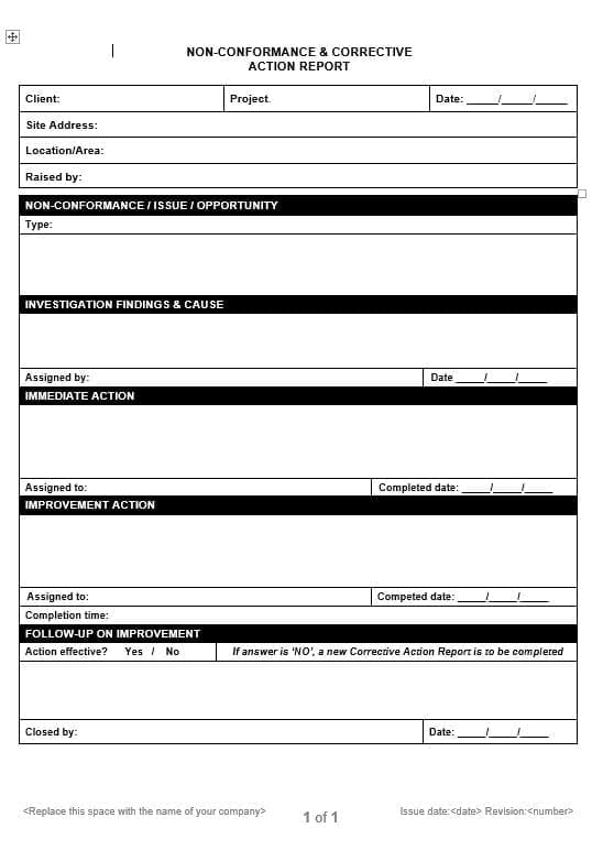 Non conformance & corrective action report Example