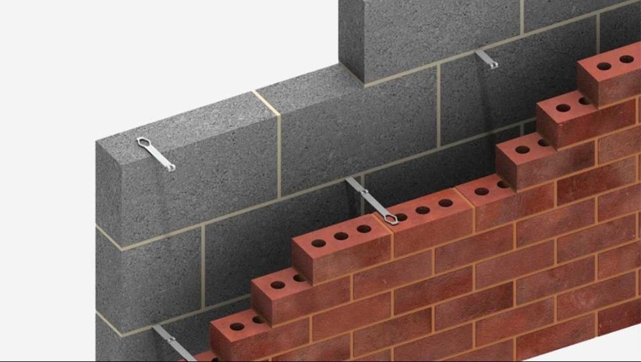 cavity block and brick wall example cross section