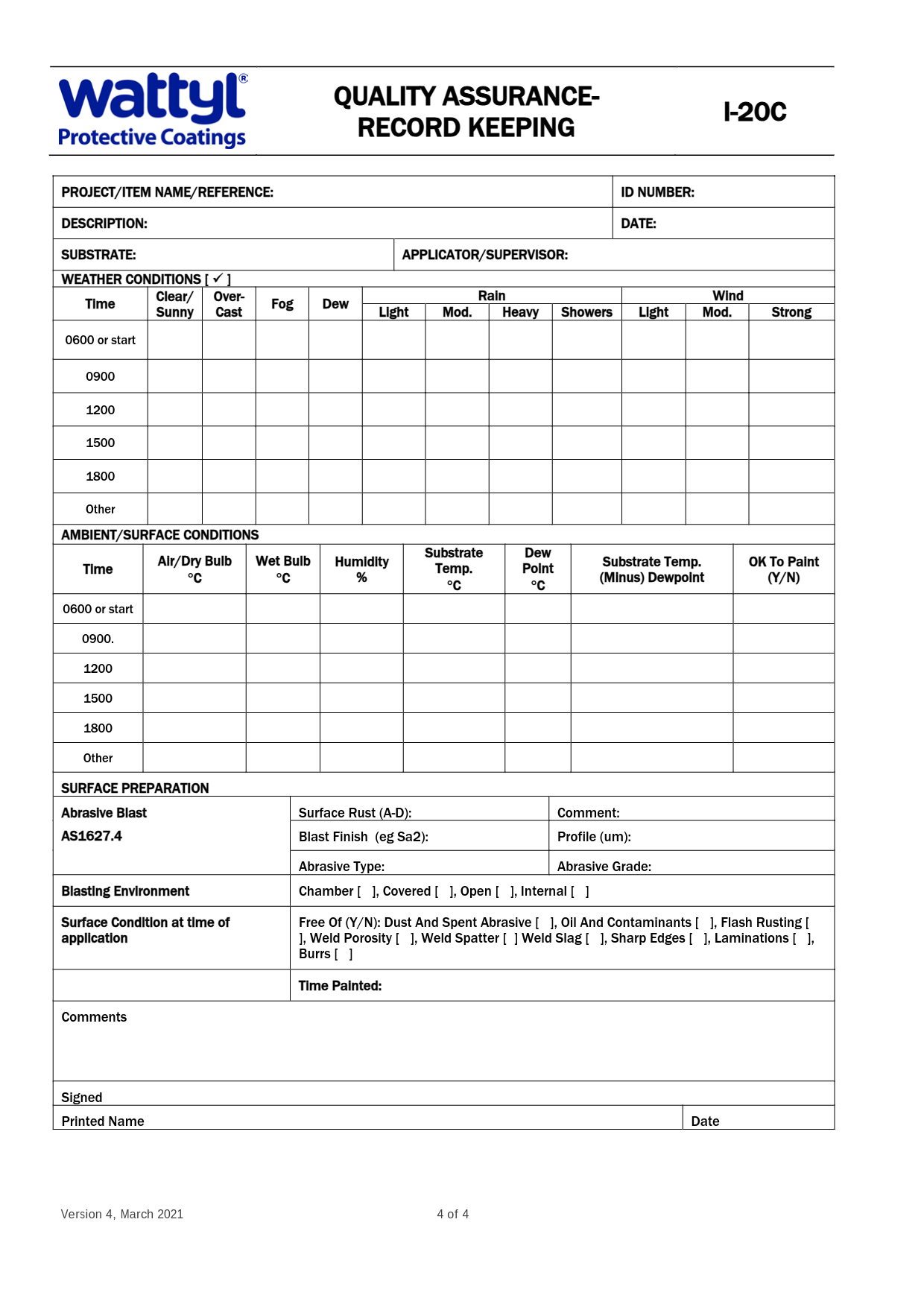 QA record keeping report I20A by Wattyl