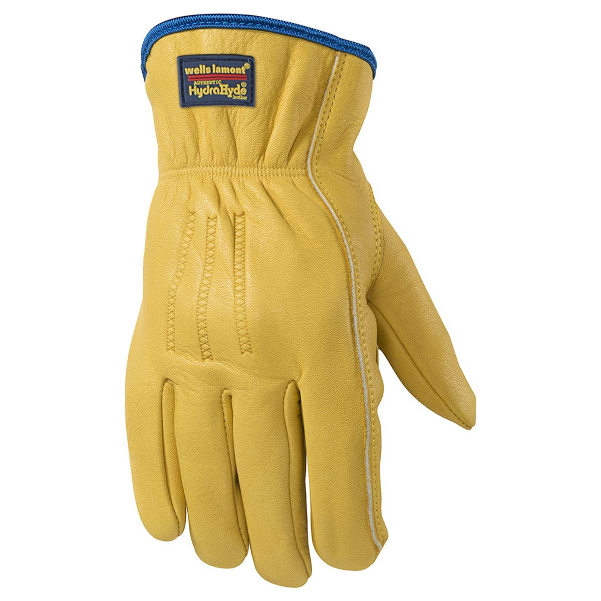 Yellow leather glove with heavy stitching