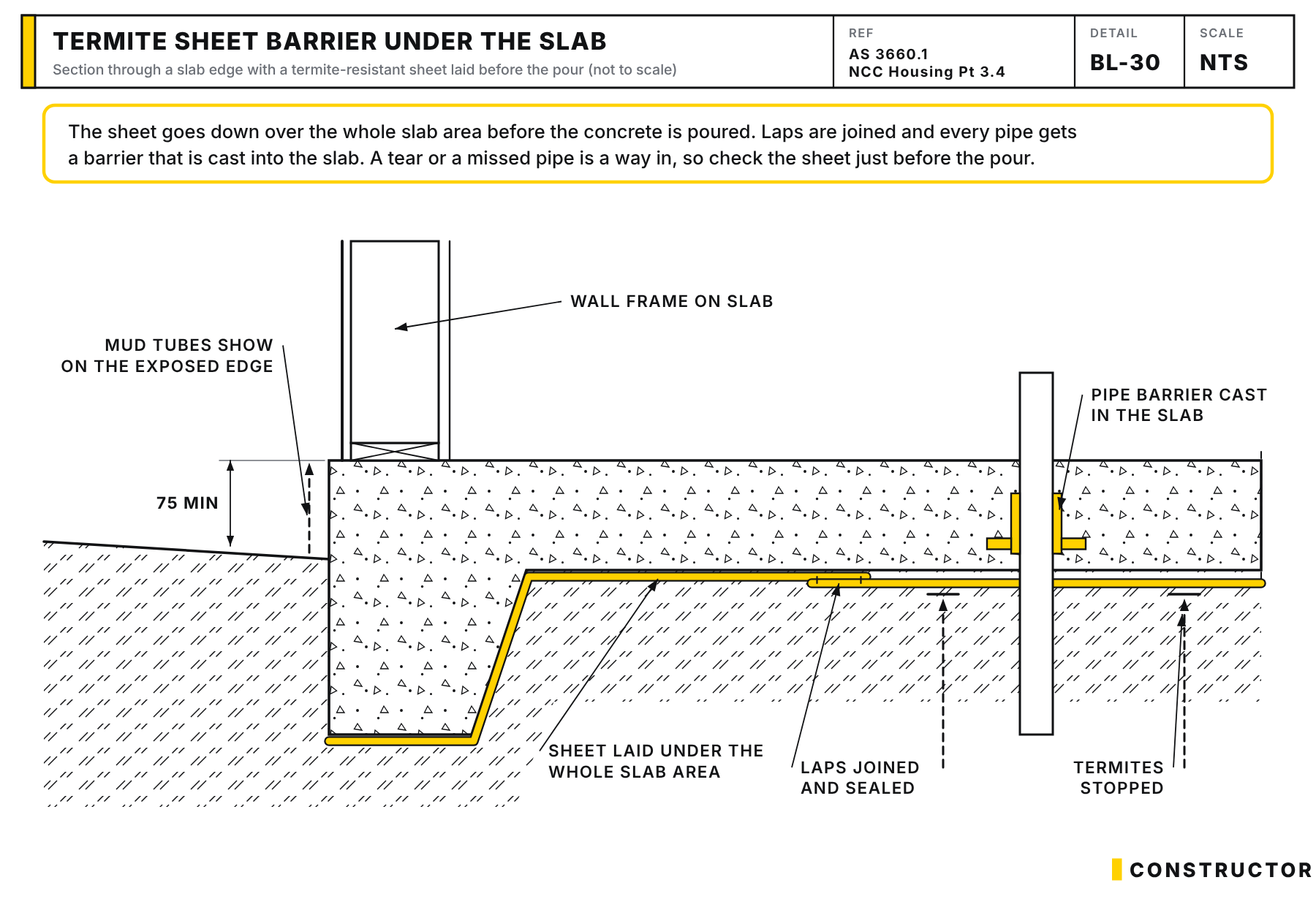 Section through a slab edge with a termite-resistant sheet laid under the whole slab, laps joined and sealed, a pipe barrier cast inside the slab where a pipe passes through, and the exposed slab edge left visible for inspection.