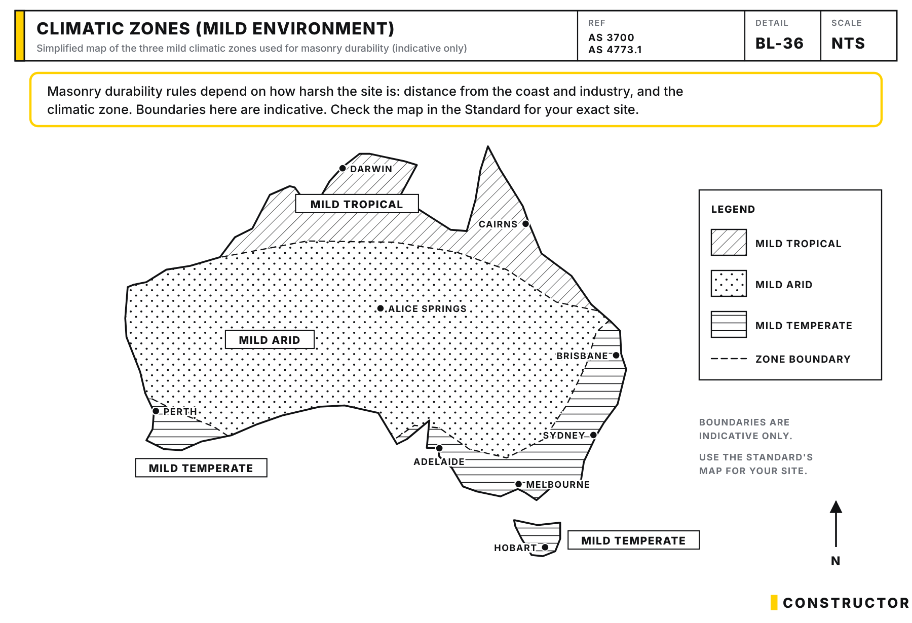 Simplified map of Australia divided into mild tropical, mild arid and mild temperate climatic zones, with major cities marked and a note that the boundaries are indicative only.