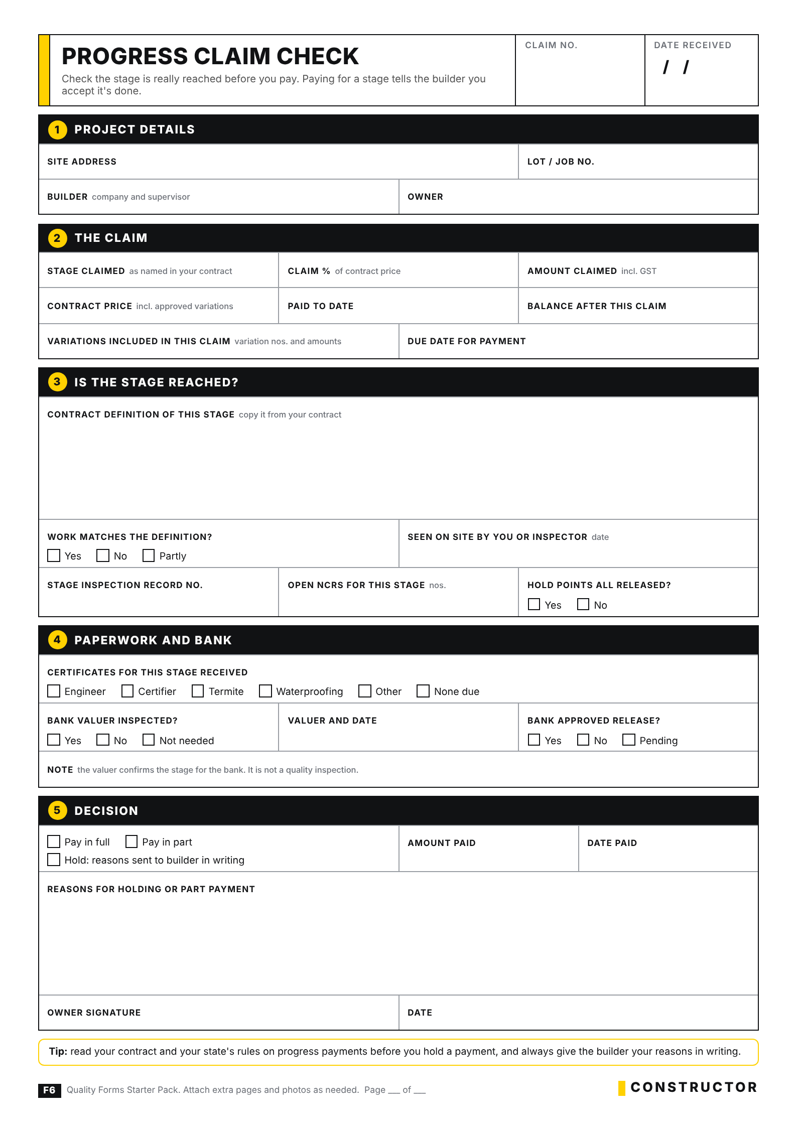 F6 Progress Claim Check form with sections for the claim, the stage definition, paperwork and bank, and the decision