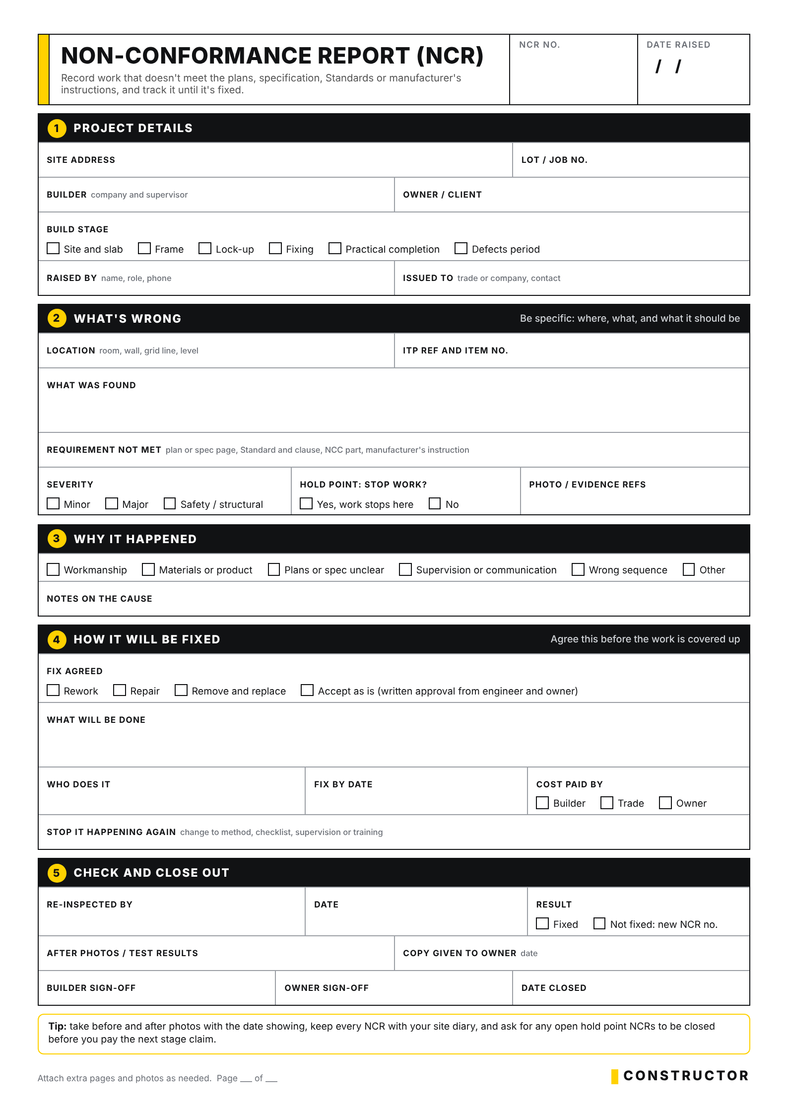 Constructor non-conformance report (NCR) form: project details, what is wrong, why it happened, how it will be fixed, and check and close out
