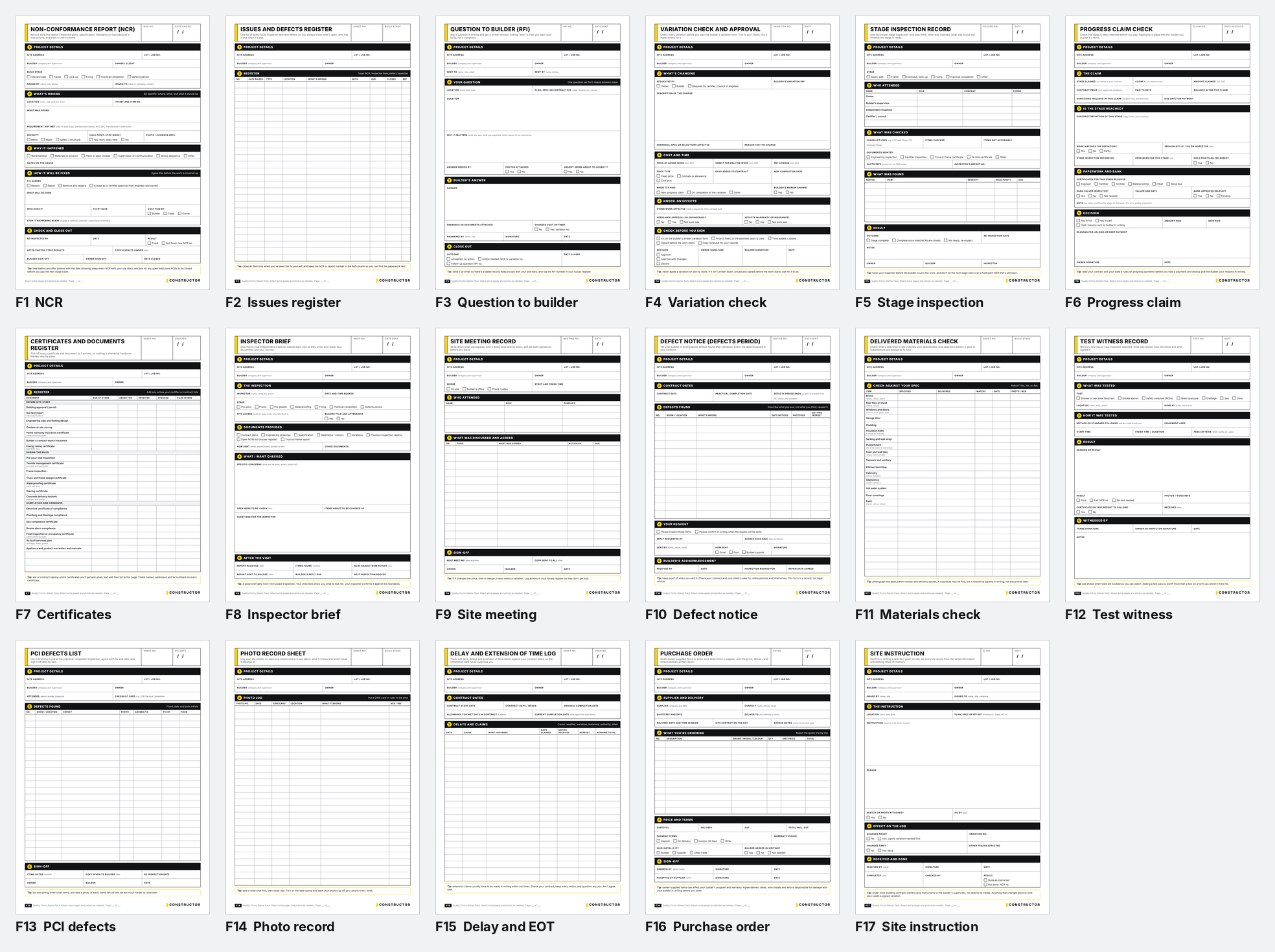 Thumbnails of all 17 forms in the Constructor Quality Forms Starter Pack