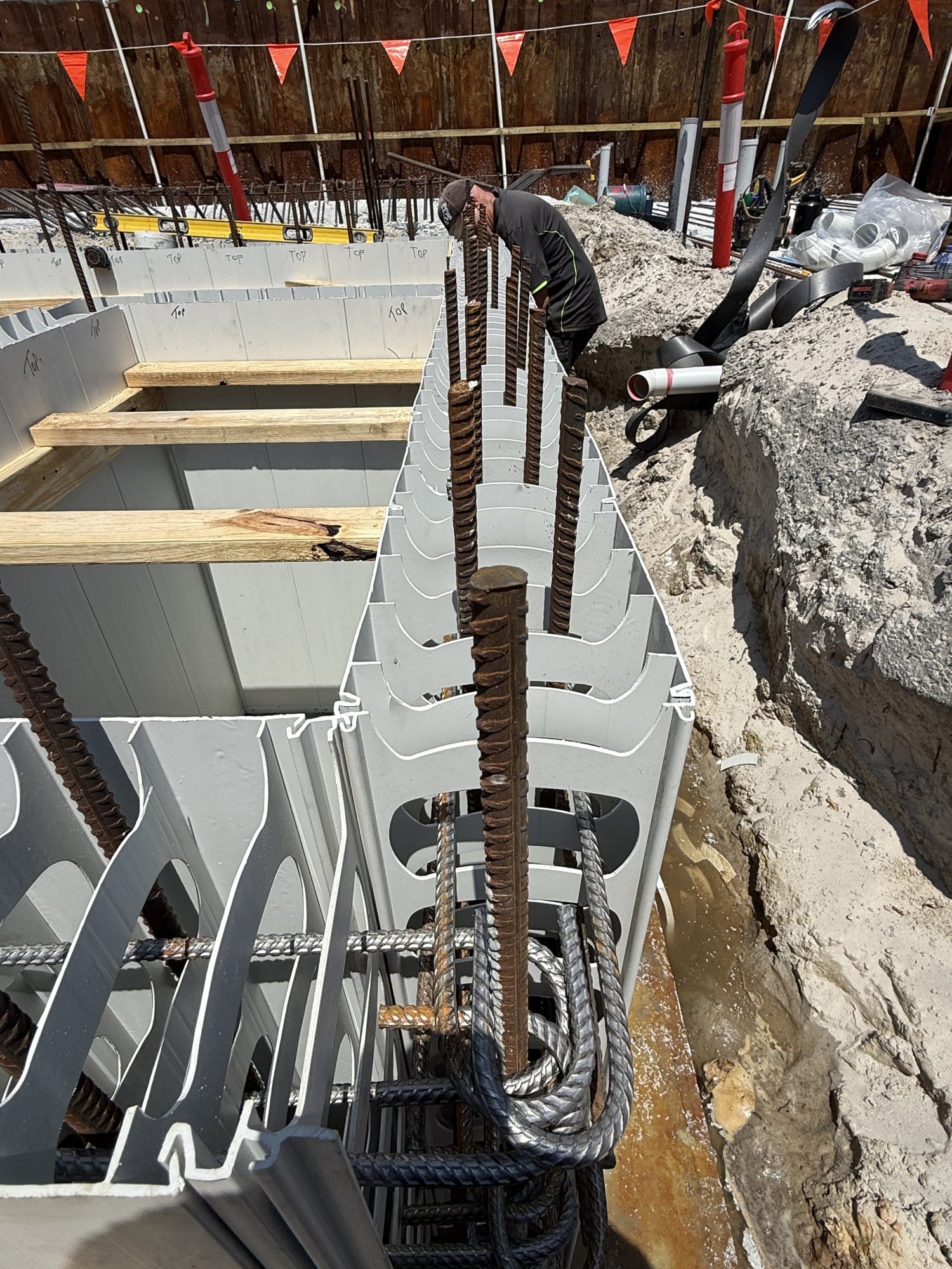 Looking down a tank wall with the reinforcement fixed through the Rediwall cells