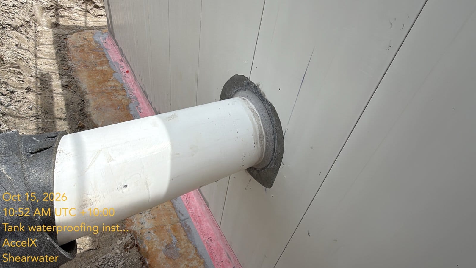 A pipe through the tank wall with its Sikadur-31 epoxy collar, before the membrane coats
