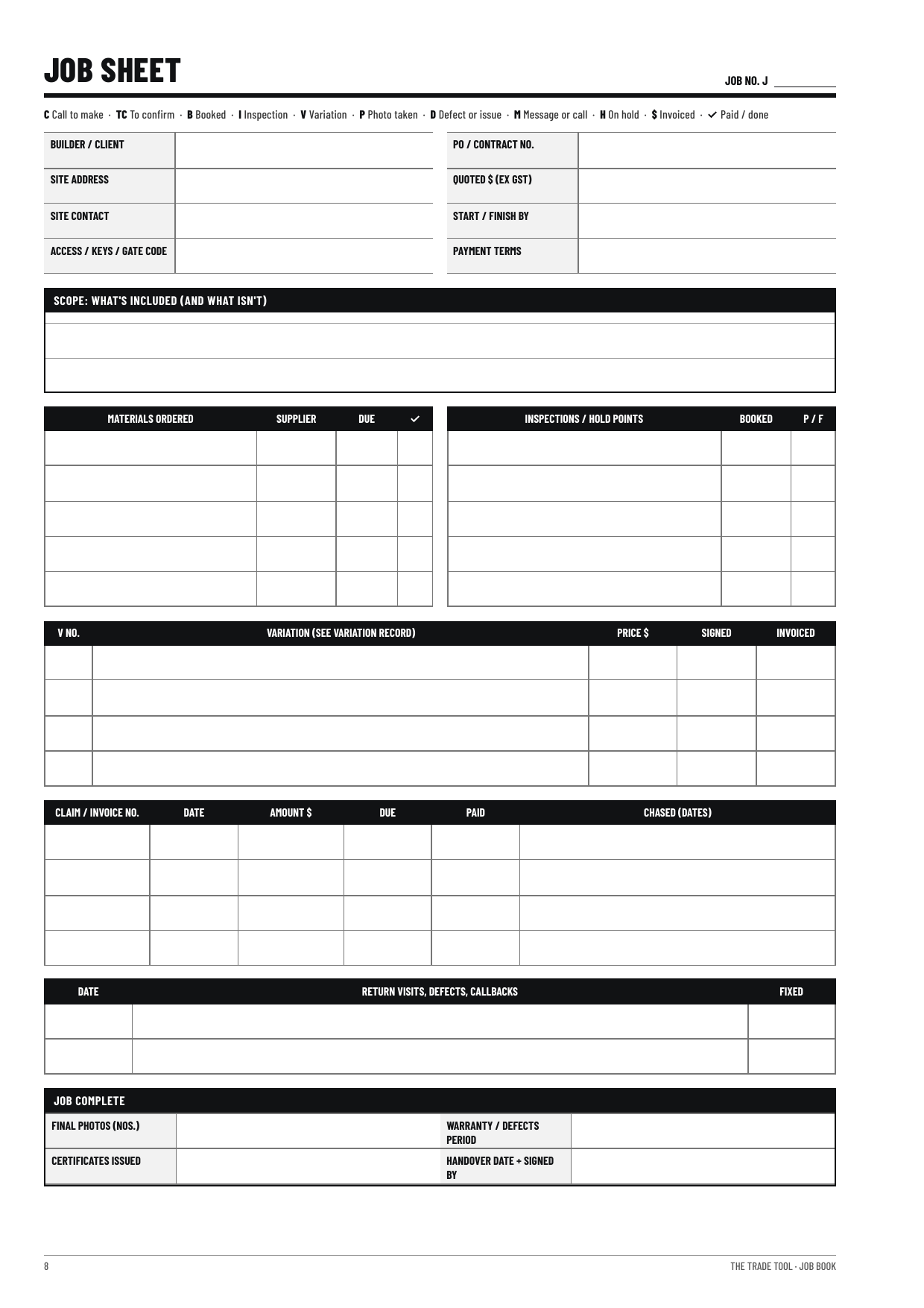 Trade Tool Job Sheet page with contacts, scope, quote, inspections, invoices and payments