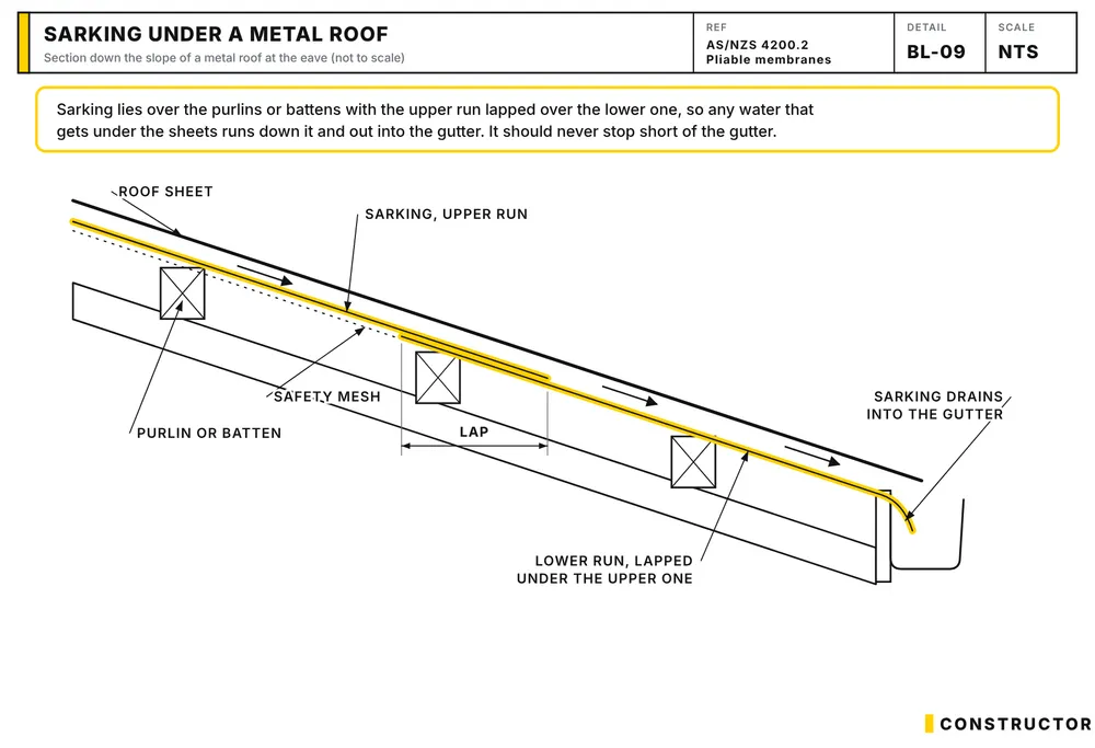 Section down a metal roof showing sarking lapped over the purlins and draining into the gutter