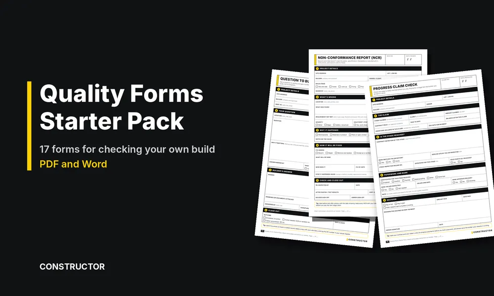 Constructor Quality Forms Starter Pack with the question to builder, NCR and progress claim check forms