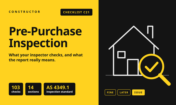 Constructor C21 Pre-Purchase Inspection checklist: a house under a magnifying glass with a tick