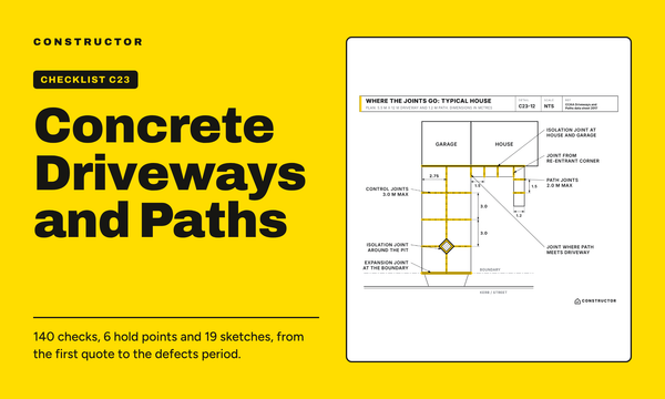 C23 Concrete Driveways and Paths checklist cover with a sketch of driveway joint layout