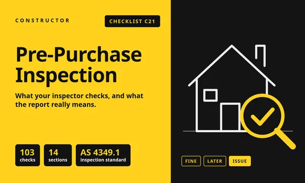Constructor C21 Pre-Purchase Inspection checklist: a house under a magnifying glass with a tick