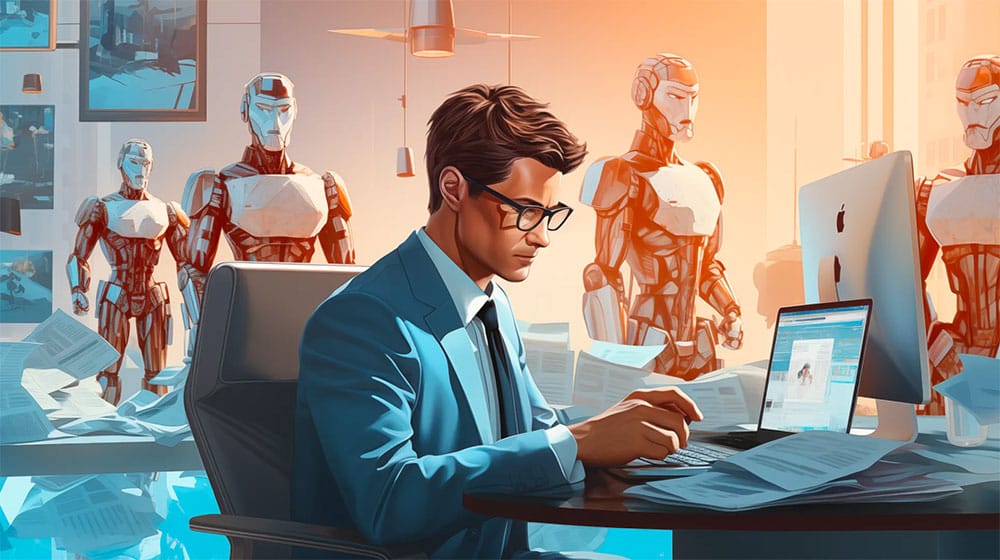 A professional man in a suit works intensely on a laptop at his desk surrounded by futuristic robots and multiple monitors, suggesting a high-tech office focused on AI technology and productivity.