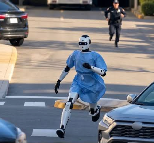 Image of humanoid robot dressed in a hospital patients gown running away from a police officer outside a hospital