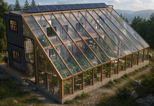 640sqft Solar-Powered Shipping Container Cabin with Attached Greenhouse – Can Be Built for Just $25K