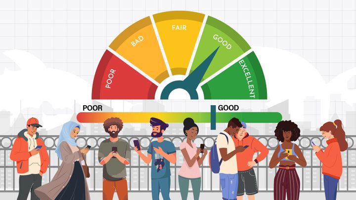 Image showing different immigrants checking their phones to see how to improve their credit. 