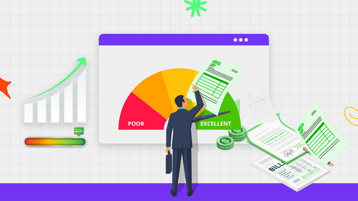 A man pointing at a medical bill in the middle of the credit score chart.