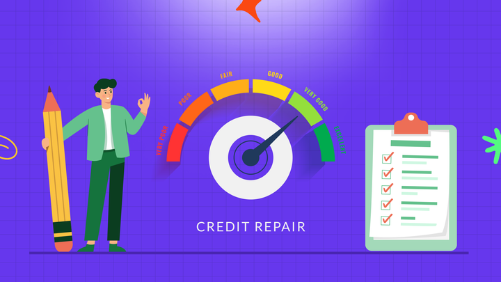 Image illustrating a step-by-step guide to repairing your credit and regaining your credit health with a man holding a pen and calculating his credit score
