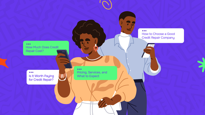 A guy and a lady asking using their phones to ask different questions around the cost of credit repair