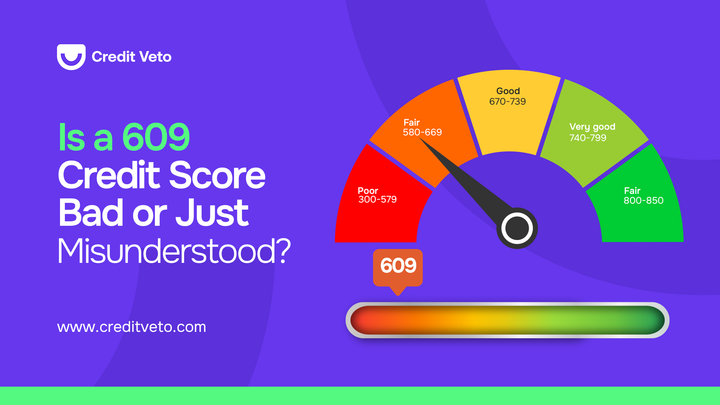 digital illustration of a credit score chart showing a 609 credit score 