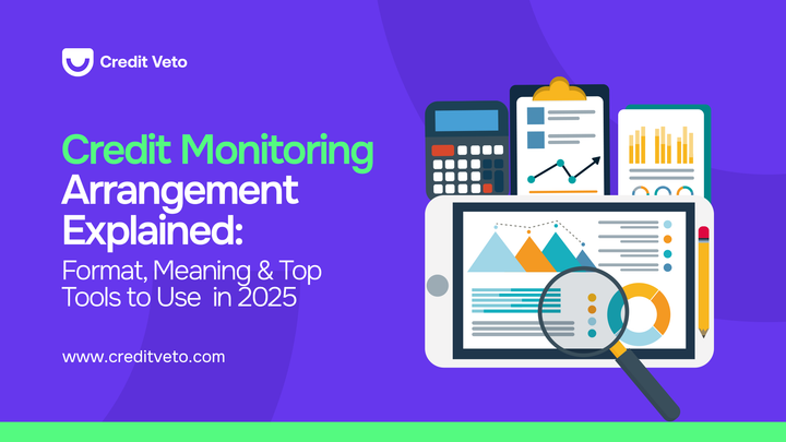 A digital illustration of a credit monitoring arrangement format with charts, graphs and lens.