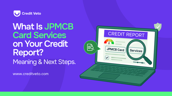 A digital illustration of a PC opened and reflecting a credit report with jpmcb card services boldly displayed on it.